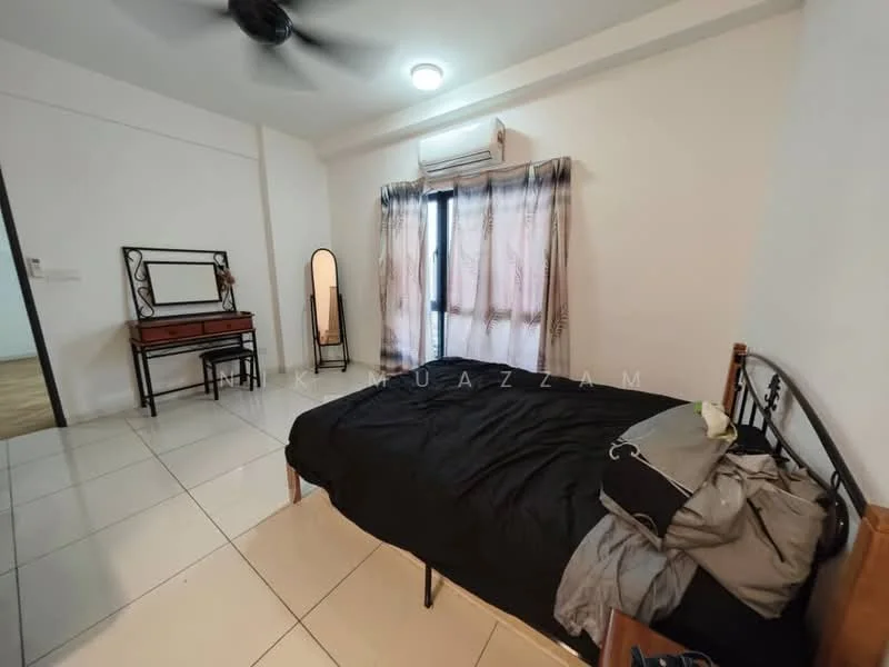 Bedroom features: queen-size bed with black bedding, wooden bed frame, 2 bedside tables, dressing table with mirror, full-length mirror, floor-to-ceiling window with sheer curtains, air conditioning unit, ceiling fan, white painted walls, tile flooring, decorative wall art, light fixture on ceiling; style: modern.