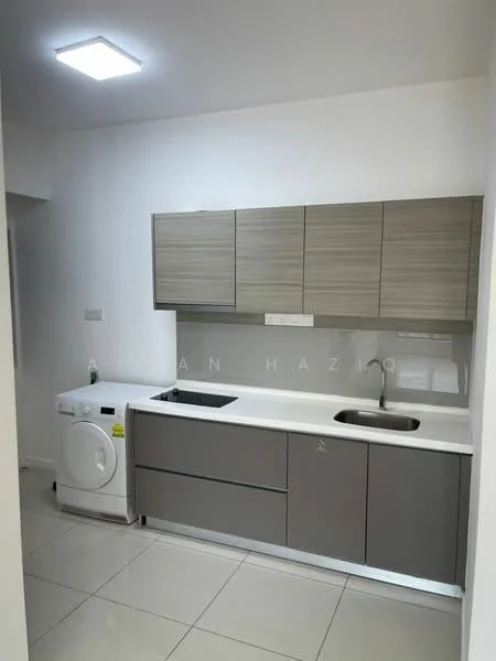 Kitchen features: grey cabinetry, white countertop, single-bowl stainless-steel sink, chrome pull-down faucet, built-in washing machine, ceramic tile flooring, recessed LED downlights, white painted walls; style: modern.