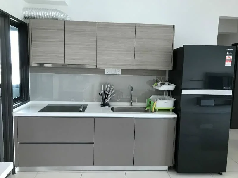 Kitchen features: grey laminate cabinetry, white quartz countertop, stainless-steel single-bowl sink, chrome pull-down faucet, built-in electric cooktop, stainless-steel range hood, black stainless-steel fridge, kitchen utensils holder, dish rack, floor-to-ceiling windows, white tiled backsplash, ceramic tile flooring; style: modern.