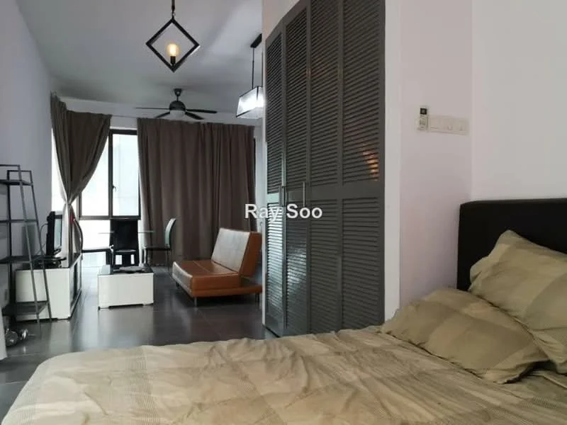 Bedroom features: queen-size bed, upholstered headboard, bedding with striped pattern, grey accent wall, floor-to-ceiling windows, sheer curtains, sliding mirror wardrobe, ceiling fan, recessed downlights, tile flooring; style: modern. Living features: 2-seater leather sofa, coffee table, TV console, wall-mounted TV, floor lamp, desk with chair, curtains, tile flooring; style: modern.