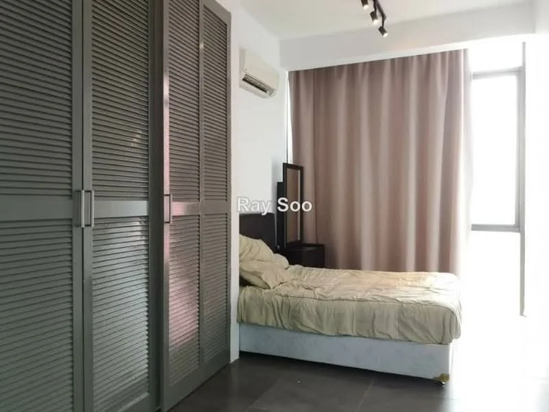Bedroom features: queen-size bed with beige bedding, built-in wardrobe with louvered doors, floor-to-ceiling window, sheer curtains, wall-mounted split AC, dark wood bedside table, grey tiled flooring, recessed lighting; style: modern.
