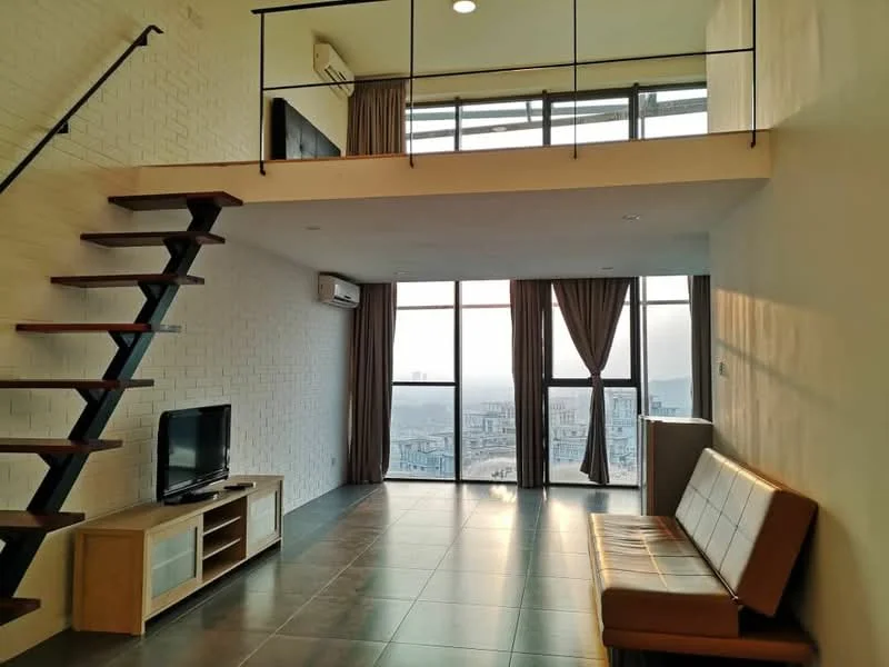 Living features: floor-to-ceiling windows, grey tiled flooring, white painted walls, exposed brick wall, sofa with brown upholstery, TV console with storage, wall-mounted TV, air conditioning unit, curtains, staircase with wooden steps and metal railing; style: modern; view: city.