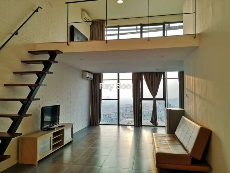 Living features: floor-to-ceiling windows, grey tiled flooring, white painted walls, exposed brick wall, sofa, TV console, wall-mounted TV, air conditioning unit, curtains, staircase with wooden steps, open layout, city view; style: modern; view: city.