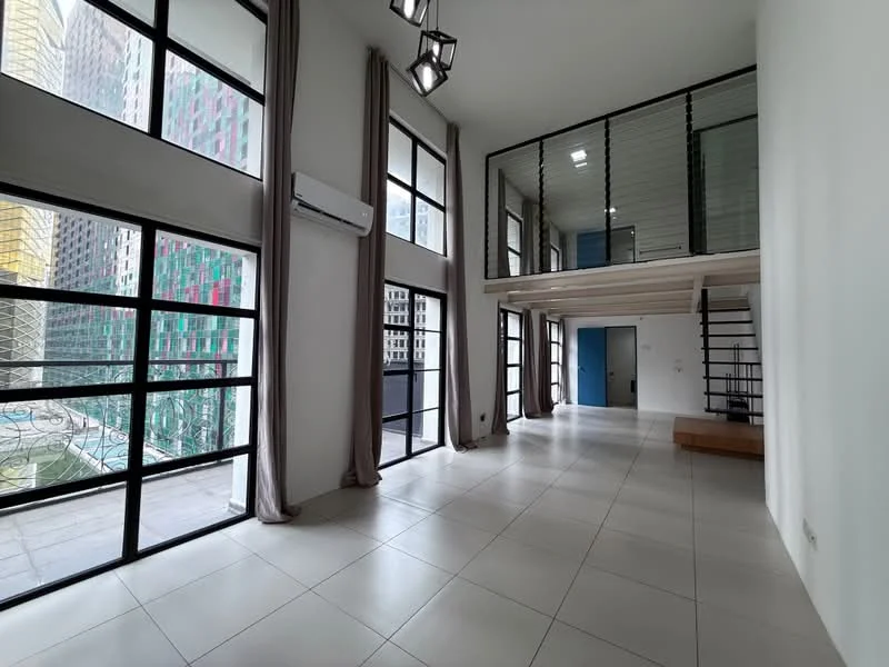 Living features: large floor-to-ceiling windows, grey curtains, white painted walls, tile flooring, exposed ceiling with track lighting, wall-mounted split AC, open layout, wooden bench, staircase leading to upper level, metal railing, view of outdoor area; style: modern; view: city.