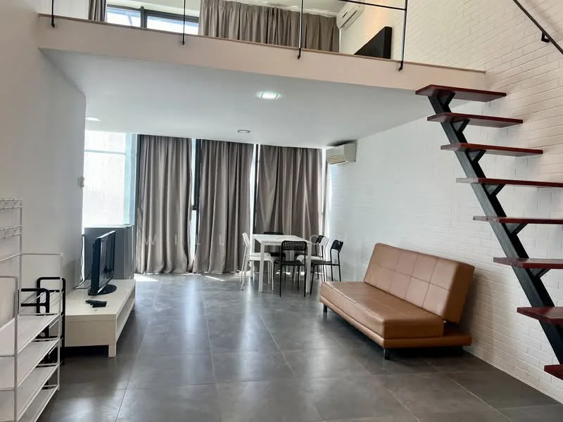 Living features: brown leather sofa, TV console, wall-mounted TV, white painted walls, grey tile flooring, large windows with sheer curtains, ceiling lights, air conditioning unit, open staircase with wooden steps, dining table with chairs; style: modern.