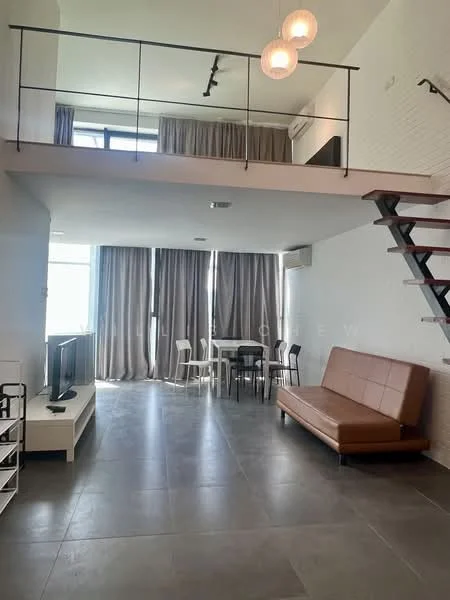 Living features: grey tile flooring, white painted walls, exposed brick wall, 5-blade ceiling fan with light, floor-to-ceiling windows, sheer curtains, sofa in brown leather, TV console, wall-mounted TV, dining table with white chairs, staircase with black railing, recessed lighting; style: modern; view: city.