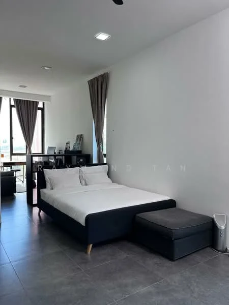 Bedroom features: queen-size bed, upholstered headboard, bedside table, desk with chair, floor-to-ceiling windows, sheer curtains, grey tiled flooring, wall-mounted light fixture, air conditioning unit, decorative wall art; style: modern; view: city.