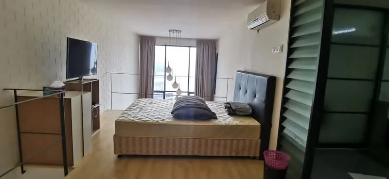 Bedroom features: queen-size bed, upholstered headboard, bedding with decorative throw, wooden flooring, wall-mounted TV, ceiling light fixture, floor-to-ceiling windows, curtains, air conditioning unit, open wardrobe with sliding doors, decorative wall pattern, nightstand, pink wastebasket; style: modern; view: city.