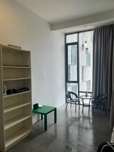 Living features: white painted walls, grey tile flooring, floor-to-ceiling windows, sheer curtains, hanging pendant lights, small green side table, black chairs, decorative flower vase on table, open shelving unit; style: modern; view: city.