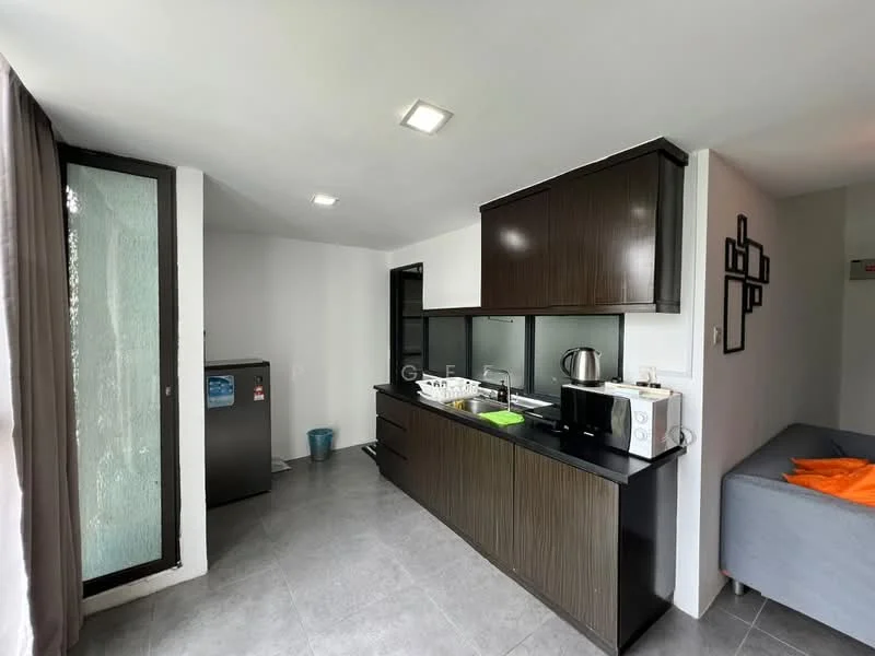 Kitchen features: black countertop, dark wood cabinetry, stainless-steel fridge, built-in microwave, kettle, sink, single-bowl stainless-steel sink, grey tile flooring, recessed LED downlights, window with view, open layout, white walls; style: modern; view: garden.