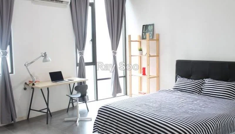 Bedroom features: king-size bed with black upholstered headboard, striped bedding in black and white, floor-to-ceiling windows, grey curtains, wooden shelving unit, desk with lamp, black chair, grey tile flooring, air conditioning unit on wall, decorative wall art; style: modern.