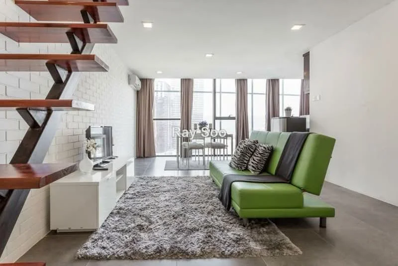 Living features: green fabric sofa, 3-seater sofa, area rug with geometric pattern, white painted walls, exposed brick wall, floor-to-ceiling windows, curtains, wall-mounted TV, TV console, wooden staircase, recessed downlights, grey tile flooring; style: modern; view: city.