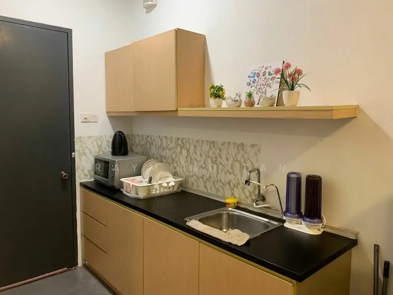 Kitchen features: wood cabinetry in light finish, black countertop, single-bowl stainless-steel sink, chrome faucet, wall-mounted shelf, decorative potted plants on shelf, microwave, dish rack, water dispenser, white patterned backsplash; style: modern.