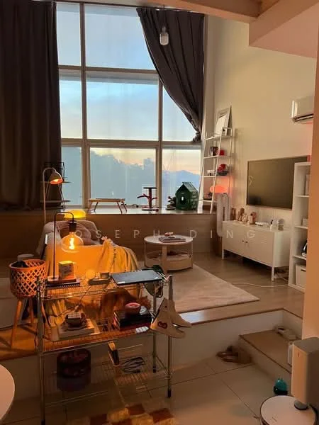 Living features: large floor-to-ceiling windows, grey curtains, wooden flooring, white painted walls, sofa with yellow throw blanket, coffee table, TV console, wall-mounted TV, decorative shelving unit, table lamp, decorative items on shelves, open shelving unit with storage baskets, area rug; style: modern; view: city.