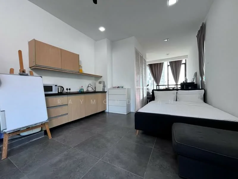 Living features: grey tiled flooring, white painted walls, kitchenette with wooden cabinetry, stainless-steel sink, built-in microwave, fridge, 2-burner electric hob, white countertop, sofa bed in black fabric, queen-size bed with white bedding, large windows with sheer curtains, recessed ceiling lights; style: modern.