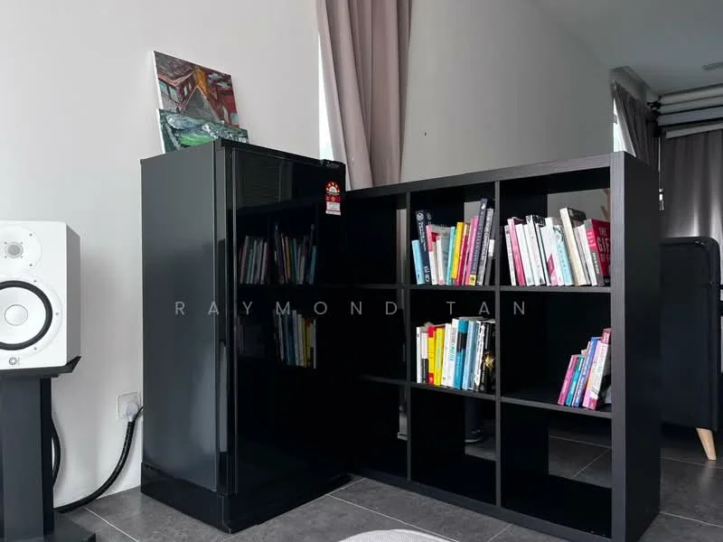 Room features: black fridge, black bookshelf with open shelving, books on shelves, grey floor tiles, curtains, artwork on wall; style: modern.