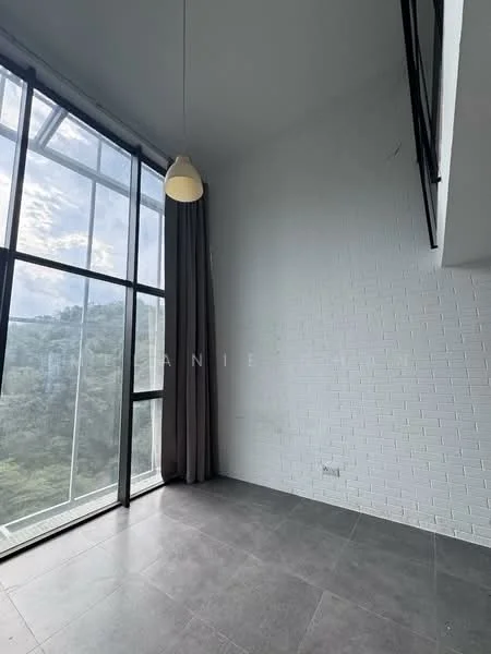 Room features: floor-to-ceiling windows, grey ceramic tile flooring, white painted walls, curtains, pendant light, exposed brick wall, high ceiling; style: modern; view: garden.