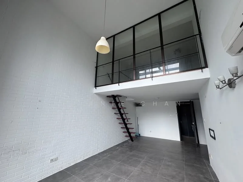 Living features: white painted walls, exposed brick wall, grey tile flooring, high ceiling, staircase with wooden steps, glass railing, pendant light fixture, wall-mounted air conditioning unit, wall sconces; style: modern.