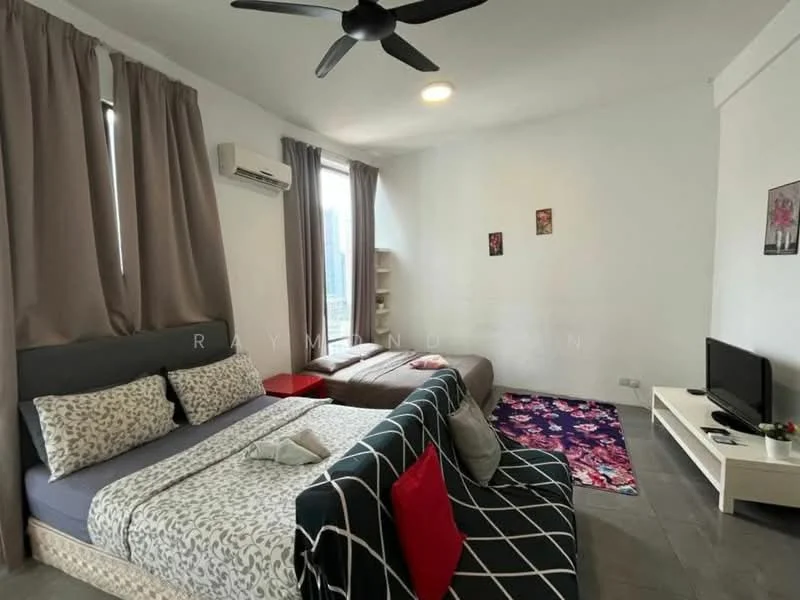 Bedroom features: queen-size bed with patterned bedding, single bed with plain bedding, 2 bedside tables, wall-mounted TV, white TV console, grey tiled flooring, floor-to-ceiling windows, light grey curtains, ceiling fan, decorative wall art; style: modern; view: city.