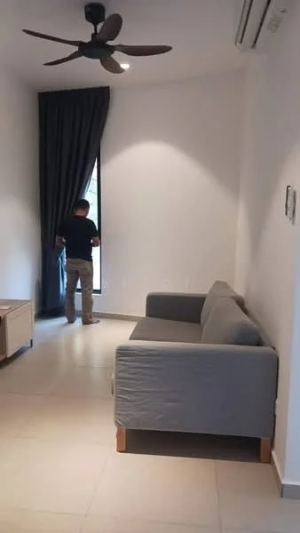Living features: 3-seater fabric sofa in grey, floor-to-ceiling window, dark curtains, light-colored tiled flooring, ceiling fan with 3 blades, wall-mounted air conditioning unit, light grey painted walls, TV console; style: modern.