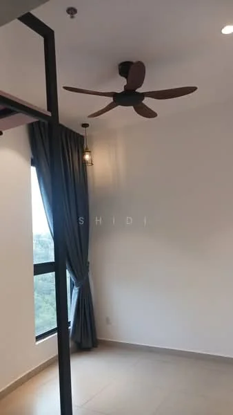 Room features: ceiling fan with 3 blades, hanging pendant light, floor-to-ceiling window, grey curtains, white painted walls, light-colored tile flooring; style: modern; view: city.