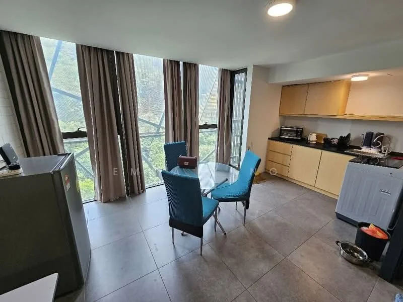 Kitchen features: grey tile flooring, white painted walls, floor-to-ceiling windows, sheer curtains, round glass dining table, 4 upholstered dining chairs in blue, wood cabinetry, built-in oven, stainless-steel fridge, countertop with appliances, sink, dishwasher, kettle; style: modern; view: garden.