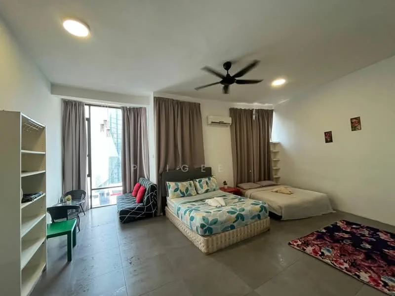 Bedroom features: queen-size bed with floral bedding, single bed with plain bedding, 5-blade ceiling fan, floor-to-ceiling windows, sliding glass door, curtains, wall-mounted air conditioning unit, tile flooring, decorative area rug with floral pattern, open shelving unit, small black chair, green side table; style: modern; view: city.