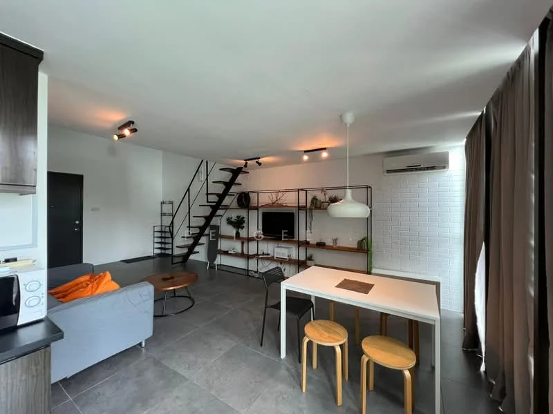 Living features: grey fabric sofa, round wooden coffee table, white dining table, two wooden stools, black metal shelving unit, wall-mounted TV, air conditioning unit, recessed downlights, pendant light, grey tiled flooring, floor-to-ceiling windows with sheer curtains, staircase with black railing; style: modern.