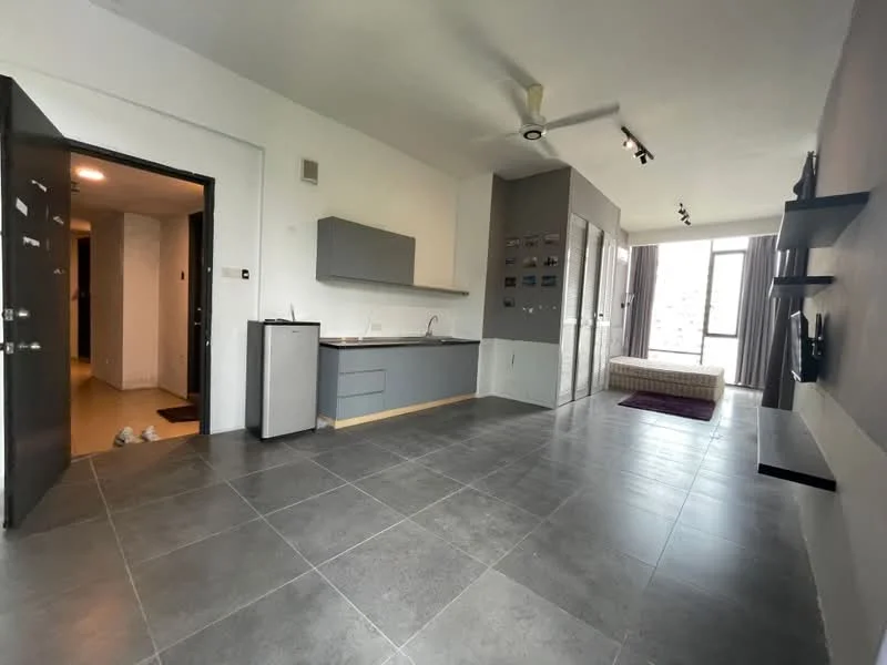 Living features: grey tiled flooring, white painted walls, ceiling fan, floor-to-ceiling windows, sliding glass door, built-in cabinetry, kitchenette with sink, kitchen cabinets, open layout, area rug, wall-mounted TV, decorative wall shelf; style: modern; view: city. Room features: grey tiled flooring, white painted walls, ceiling fan.