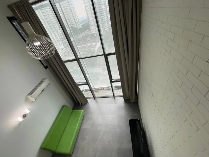 Living features: green fabric sofa, floor-to-ceiling windows, grey tile flooring, white painted walls, wall-mounted air conditioning unit, wall sconce lighting, black TV console, curtains, city view; style: modern; view: city.