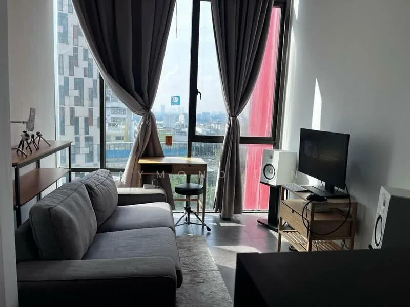 Living features: grey fabric sofa, wooden coffee table, TV console, wall-mounted TV, floor-to-ceiling windows, sheer curtains, decorative rug, wooden shelving unit, green chair, city view; style: modern; view: city.