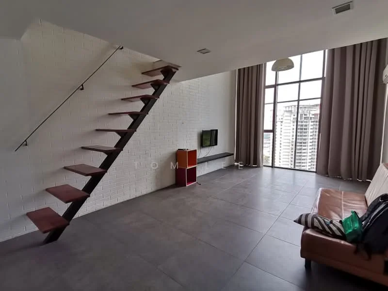 Living features: white painted walls, exposed brick wall, grey tile flooring, large floor-to-ceiling windows, curtains, wooden staircase, sofa in brown leather, TV console, wall-mounted TV, ceiling light fixture, air conditioning unit; style: modern; view: city.