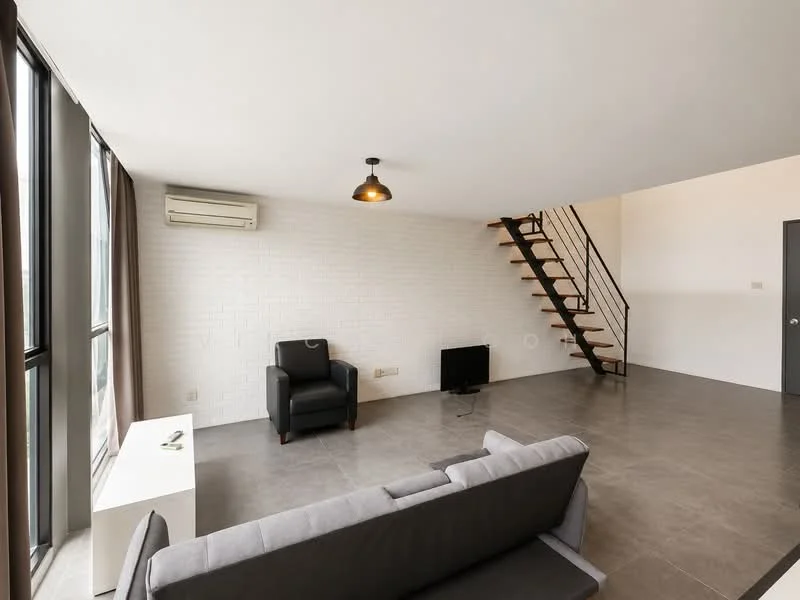Living features: grey fabric sofa, black armchair, white coffee table, floor-to-ceiling windows, light grey tiled flooring, exposed brick accent wall, 1 wall-mounted split AC, pendant light, staircase with metal railing, TV console, curtains, decorative wall light; style: modern.