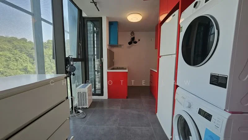 Laundry features: stacked washer and dryer, white cabinetry, red cabinetry, grey tile flooring, window with mesh screen, kitchenette area with stove, refrigerator, air conditioning unit, ceiling light fixture; style: modern; view: garden.