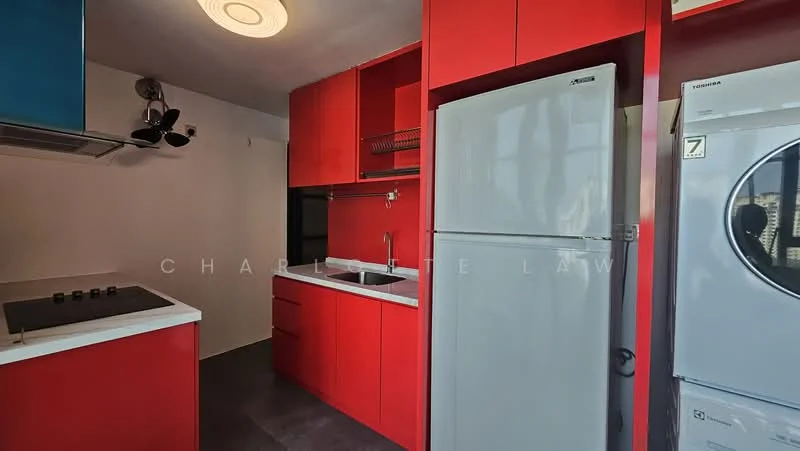 Kitchen features: red cabinetry, white countertop, stainless-steel fridge, built-in oven, 4-burner gas hob, single-bowl stainless-steel sink, chrome pull-down faucet, washer-dryer combo, track lighting, grey flooring; style: modern.