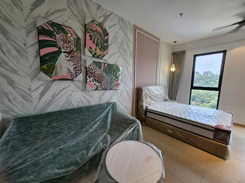 Bedroom features: queen-size bed, upholstered headboard, sofa, round coffee table, floor-to-ceiling window, city view, decorative wall art with animal prints, light fixture, light-colored walls, tile flooring, curtains; style: modern; view: city.
