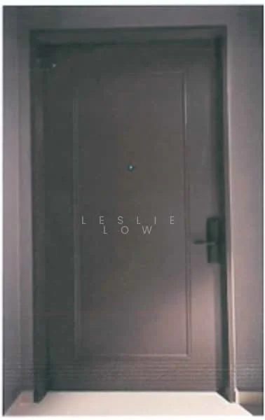 Room features: solid wood door, dark brown finish, peephole, door handle, door lock, textured paneling, frame with trim; style: modern.