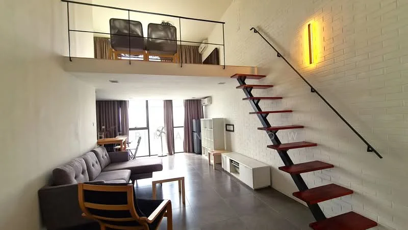 Living features: grey fabric sofa, wooden armchair, wooden coffee table, TV console, wall-mounted TV, exposed brick wall, large windows with city view, recessed lighting, dark tile flooring, staircase with wooden steps and metal railing, air conditioning unit, curtains, dining table with chairs; style: modern; view: city.