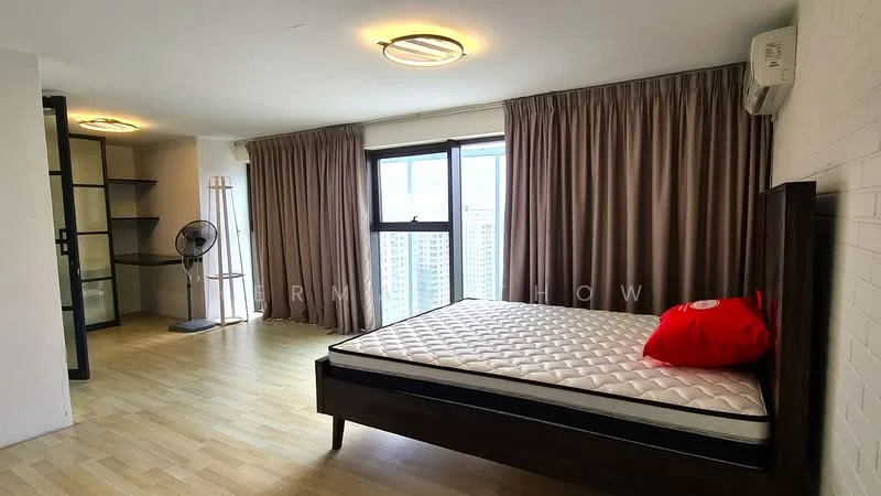 Bedroom features: queen-size bed, wooden bed frame, mattress, red decorative pillow, floor-to-ceiling windows, curtains, wooden flooring, wall-mounted air conditioning unit, ceiling light fixture, standing fan, built-in wardrobe with glass doors; style: modern; view: city.