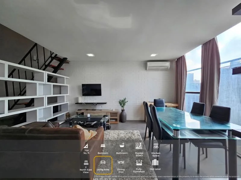 Living features: grey painted walls, polished concrete flooring, 5-blade ceiling fan with light, wall-mounted TV, black leather sofa, wooden coffee table, white open shelving unit, area rug with geometric pattern, large windows with sheer curtains, dining table with 6 chairs, air conditioning unit; style: modern; view: city.
