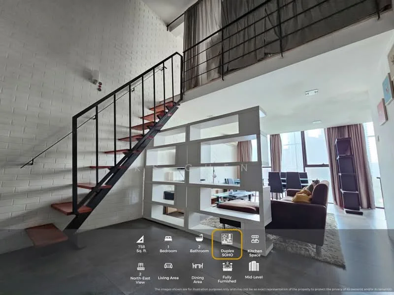 Room features: white painted walls, exposed brick wall, wooden staircase with metal railing, large windows with sheer curtains, high ceiling, open space layout, wood flooring, decorative shelving unit, sofa, coffee table, area rug, dining table, chairs; style: modern; view: city.