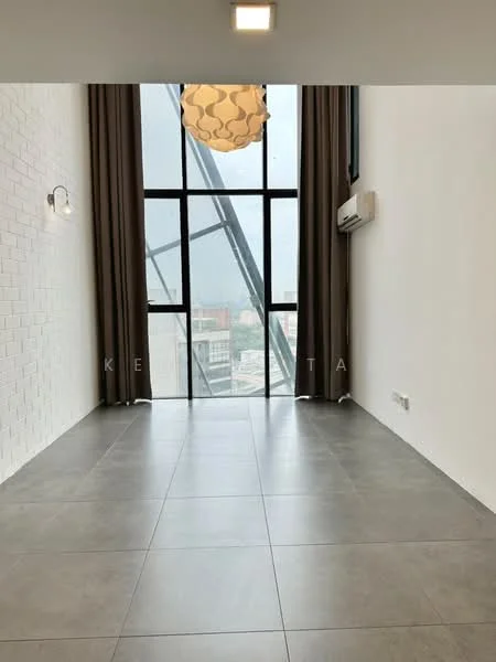 Room features: white painted walls, grey tile flooring, floor-to-ceiling windows, curtains in brown, exposed beams, 1 wall-mounted split AC, ceiling light fixture; style: modern; view: city.