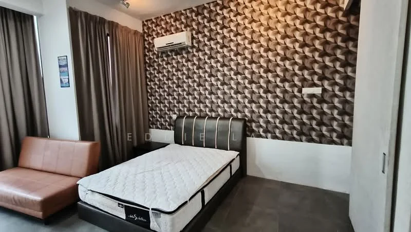 Bedroom features: queen-size bed, upholstered headboard, brown leather sofa, textured feature wall with geometric pattern, grey tiled flooring, floor-to-ceiling windows with sheer curtains, wall-mounted split AC, built-in wardrobe; style: modern.