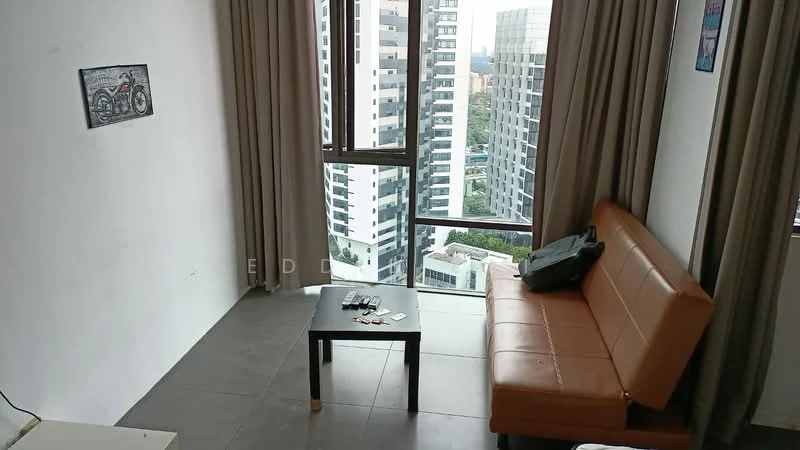 Living features: brown leather sofa, black coffee table, grey tiled flooring, floor-to-ceiling windows, curtains, wall-mounted artwork, city view, decorative items on table; style: modern; view: city.
