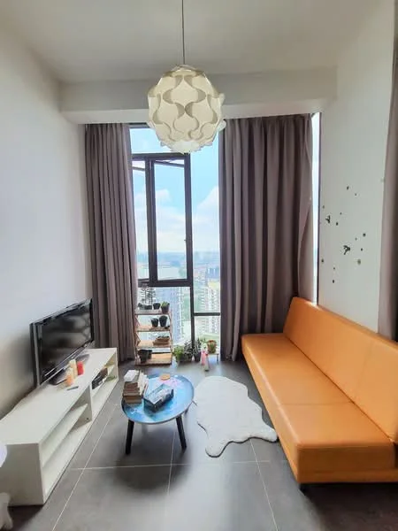 Living features: orange leather sofa, black coffee table, wall-mounted TV, light fixture with organic shape, floor-to-ceiling windows, sheer curtains, grey tile flooring, decorative plants on shelf, white painted walls, area rug with cowhide pattern; style: modern; view: city.