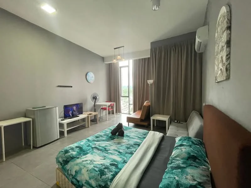 Bedroom features: king-size bed with patterned bedding, upholstered headboard, 2 bedside lamps, wall-mounted TV, fan, floor-to-ceiling window, curtains, small dining table with 2 chairs, refrigerator, side table, decorative wall art, air conditioning unit, grey painted walls, tile flooring; style: modern; view: city.