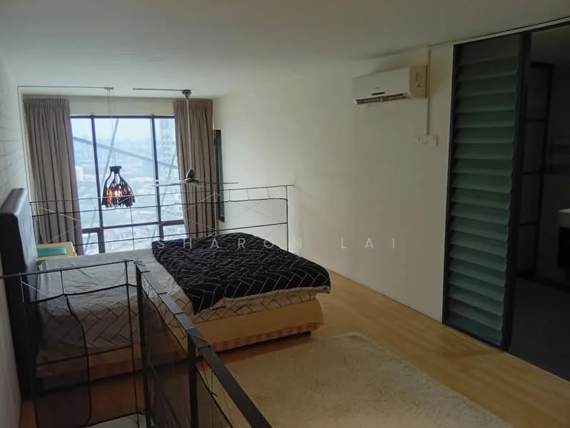 Bedroom features: wooden flooring, white painted walls, floor-to-ceiling windows, black bed frame, queen-size bed with black bedding, queen-size bed with beige bedding, hanging pendant light, wall-mounted air conditioning unit, sliding glass door, curtains, open layout; style: modern; view: city.