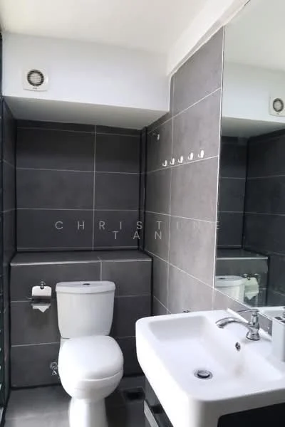 Bathroom features: grey tiled walls, white ceramic toilet, single-sink vanity with square basin, chrome faucet, mirror above sink, wall-mounted towel hooks, grey tiled flooring, glass shower enclosure; style: modern.