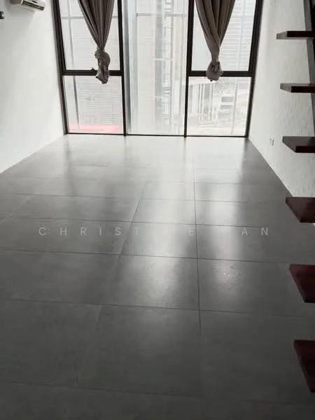 Room features: large grey tile flooring, floor-to-ceiling windows, sheer curtains, exposed concrete wall, air conditioning unit, open space layout, minimalist design, natural light; style: modern; view: city.