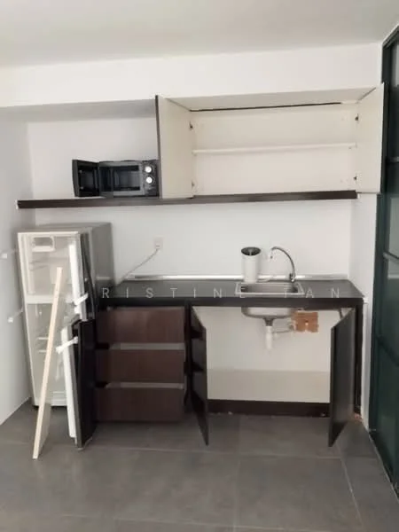 Kitchen features: brown cabinetry, single-bowl stainless-steel sink, chrome pull-down faucet, microwave, fridge, countertop, grey tile flooring, open shelving above cabinetry; style: modern.